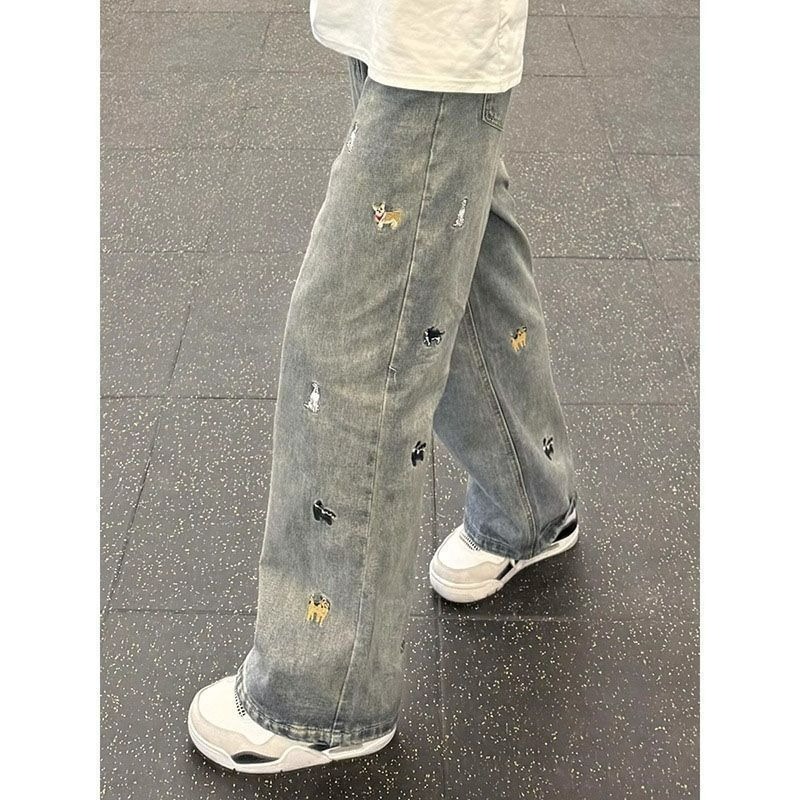 黑色复古趣味小狗刺绣牛仔裤直筒宽松显瘦阔腿裤RN909-特P48，男装牛仔裤，星座1007（原301D）