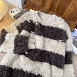 软糯水貂绒条纹撞色毛衣女秋冬季宽松针织衫M576特P-50