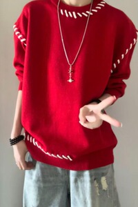 网图美式潮流拼接圆领毛衣男秋冬季宽松百搭针织衫MY3309-特P60图片