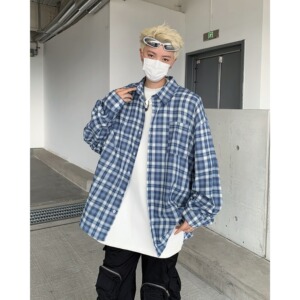 蓝白格子纯棉衬衫男长袖修身日系休闲衬衣W138-P45