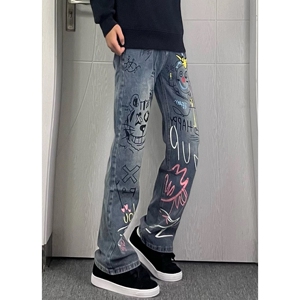 美式高街涂鸦牛仔裤男款微喇休闲裤子B185Y-特45图片
