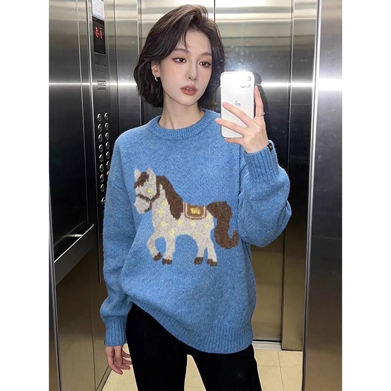 网图马上有钱小马毛衣男女款宽松慵懒情侣针织衫YM416-特P75，男装针织衫/毛衣，星座1007（原301D）