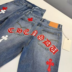 网图十字架贴布刺绣牛仔裤男装新款阔腿长裤子PT690-特P60图片