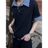 学院风格子拼接polo领短袖假两件T恤PL238-特P35，男装T恤，星座1007（原301D）