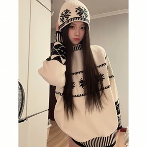 网图圆领毛衣男女费尔岛宽松套头针织毛线帽子两件套MY861-特P55图片