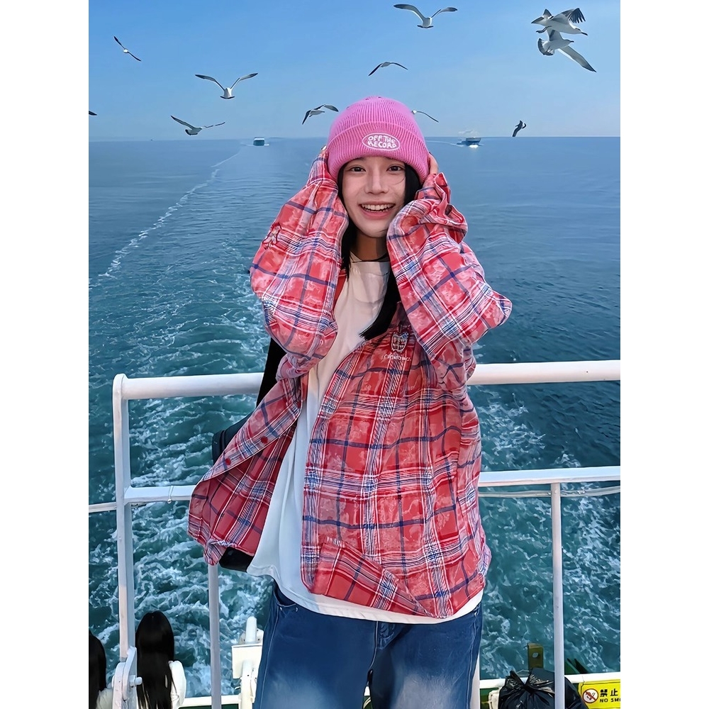 网图红色刺绣格子衬衫女秋季宽松格子衬衫男CS1106-特P48，男装衬衫，星座1007（原301D）