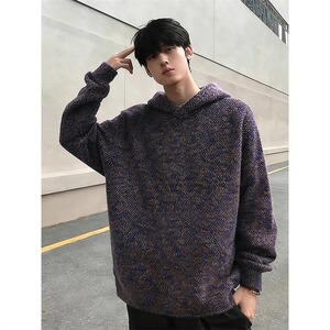 网图紫色美式毛绒针织卫衣男冬季连帽衫小香风外套YW249-特P65图片