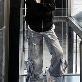 美式重工飘带破洞弯刀牛仔裤男女多口袋工装裤RKU92-特P75，男装牛仔裤，星座1007（原301D）