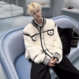 网图法式小香风撞色仿貂绒针织开衫男MY8870-特P60图片