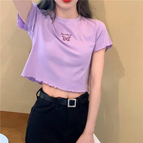 显瘦百搭蝴蝶刺绣上衣女新款2024夏季高腰露脐短款t恤女短袖修身