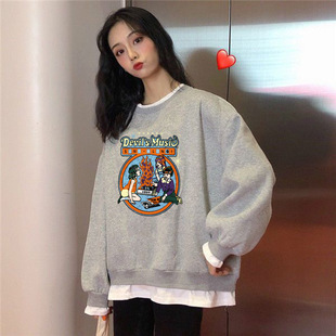 2024秋冬新款宽松韩版卡通学生外套上衣装外贸假两件加绒卫衣女
