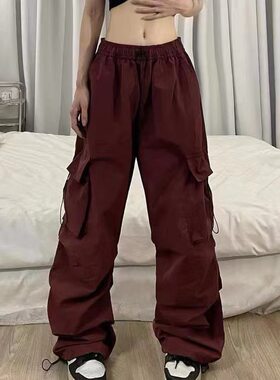 个性班服时尚工装裤女夏新款美式降落伞裤子高腰阔腿休闲束口运动