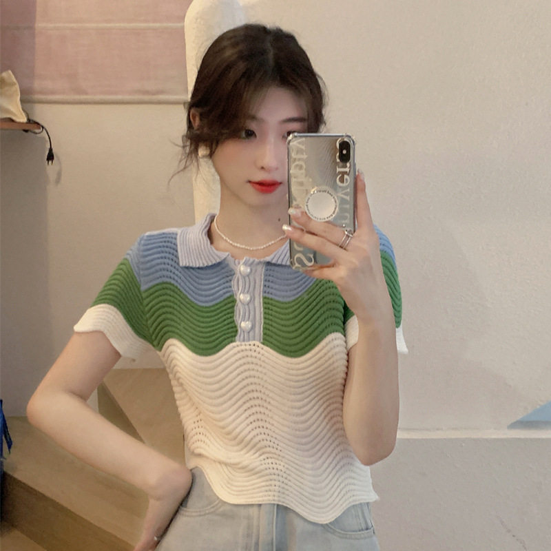 个性班服夏韩版新款修身显瘦小众拼色洋气chic短袖针织衫上衣女潮
