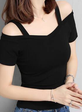 个性夏季新款韩版露肩吊带短袖T恤女一字领露肩性感修身学生上衣t