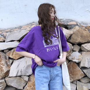 个性班服紫色短袖t恤新款夏装韩版宽松大码印花学生百搭上衣服女T