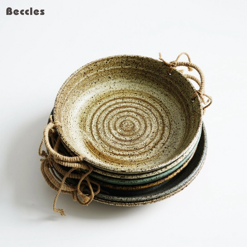 BECCLES 创意日式麻绳双耳圆深盘家用菜盘防烫手工盘餐厅西餐盘子