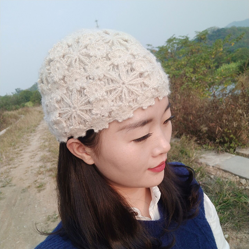 帽子女秋冬女士针织镂空钩花毛线帽包头帽冬季百搭手工编织瓜皮帽