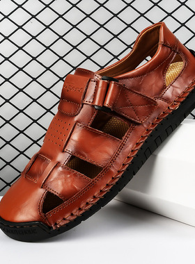 Men leather, cowhide, stitched beach sandals真皮牛皮缝线凉鞋