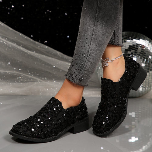 Women's sequins, coarse heel casual shoes, black sequins女鞋