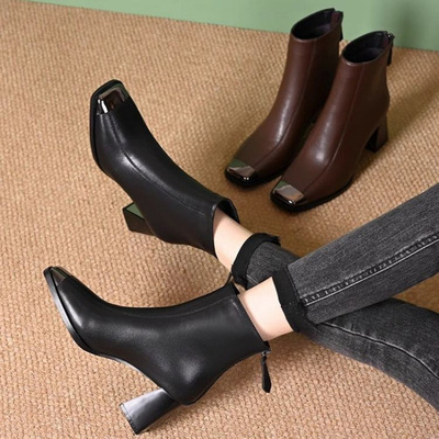 7m high heels zipper leather short boots for women女粗跟皮靴
