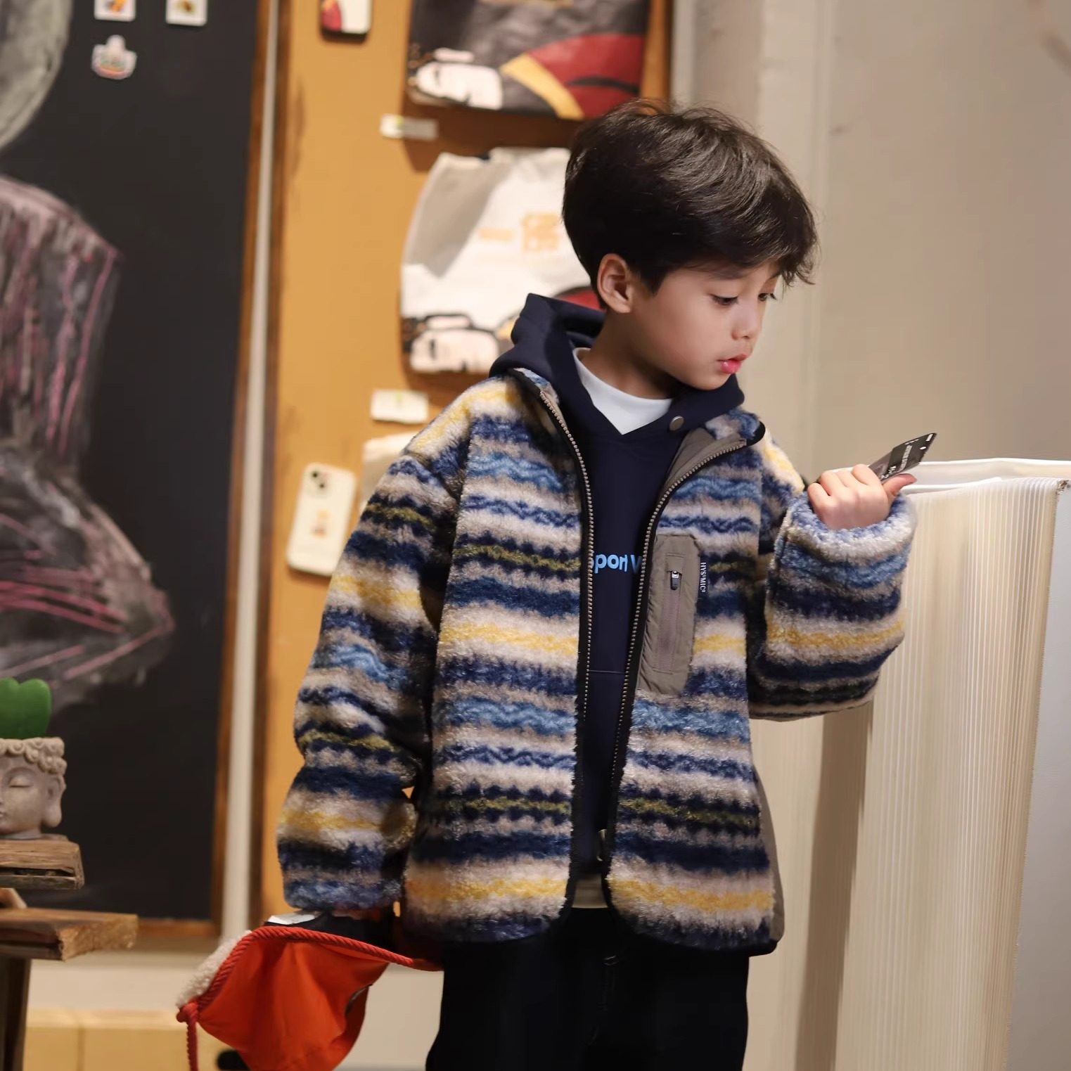 2025冬季复古民族风条纹费尔岛花色棉服羊绒保暖立领男女童外套