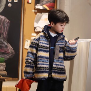 2025冬季 复古民族风条纹费尔岛花色棉服羊绒保暖立领男女童外套