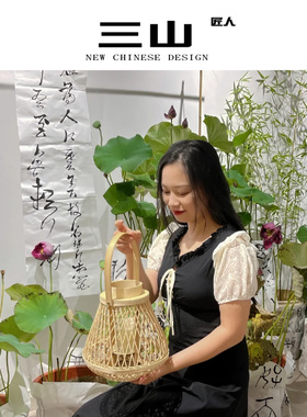 茶室禅意落地灯竹编灯笼藤编手提手工编织风灯立式灯罩氛围布置