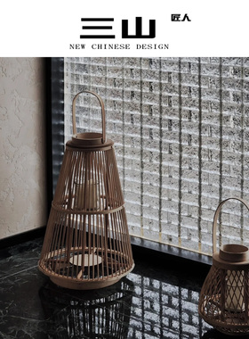 竹编灯笼下午茶那锣餐厅装饰藤编手工编织风灯落地新中式镂空灯罩