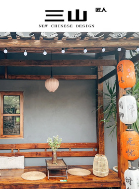 民宿茶室灯笼小院造景布置藤编草编手工编织风灯落地新中式灯罩