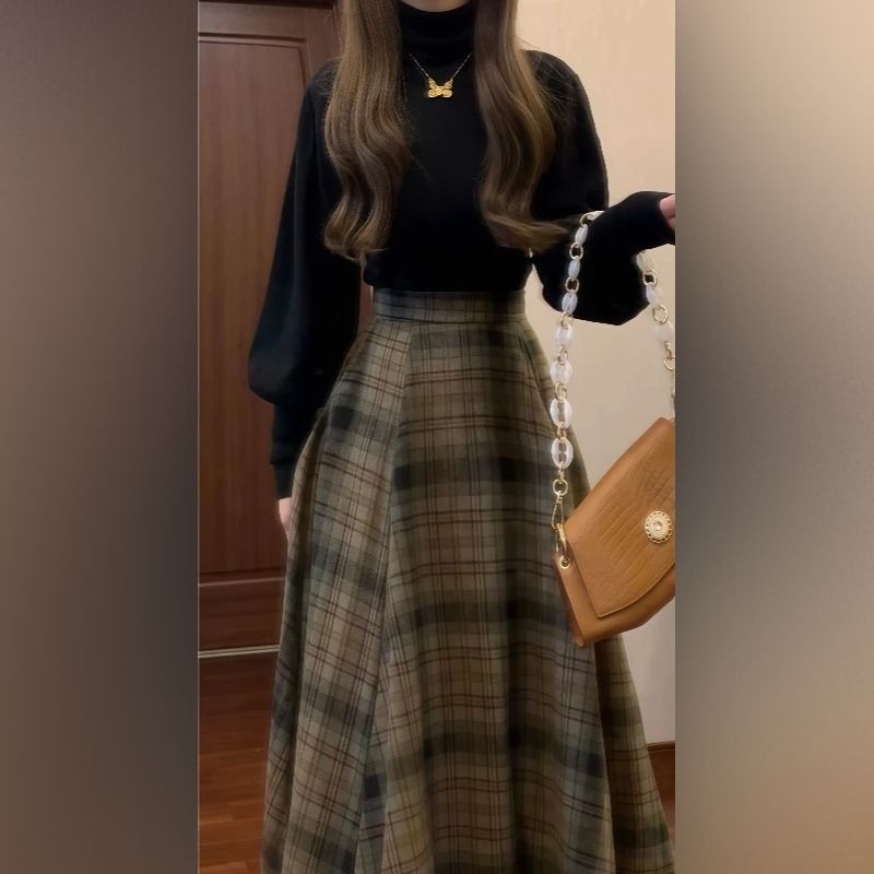 花苞袖半高领针织衫长裙打底毛衣高腰格子半身裙两件套装秋冬新款