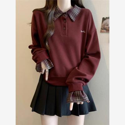 格子衬衫拼接假两件卫衣