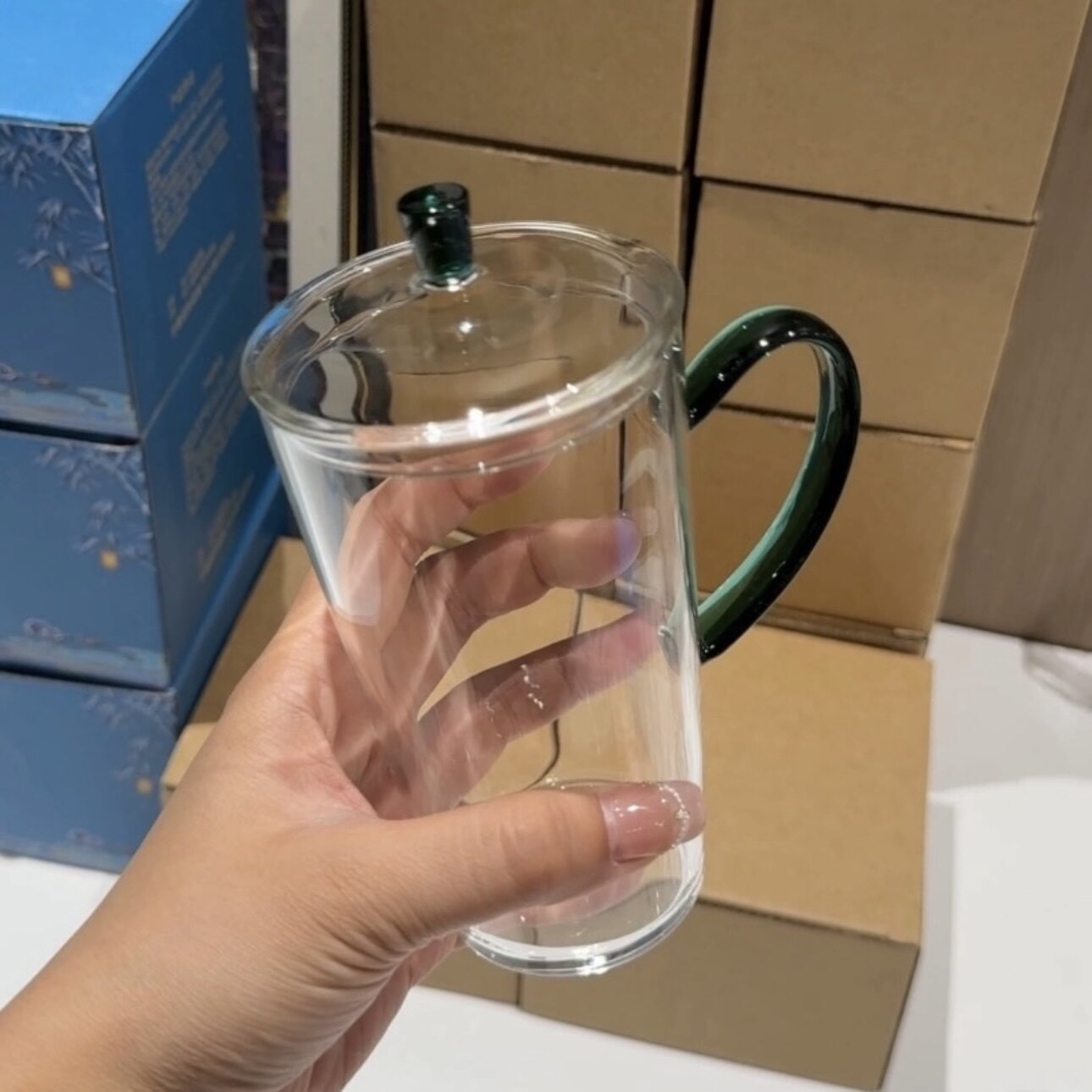 带盖耐热手工玻璃水杯带把手带把手高硼硅绿茶杯办公泡茶杯花茶杯