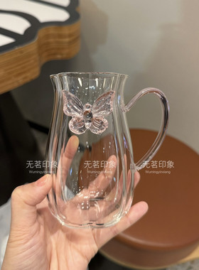春日蝴蝶杯玻璃水杯带把手高硼硅玻璃杯茶杯家用花苞喝水杯绿茶杯