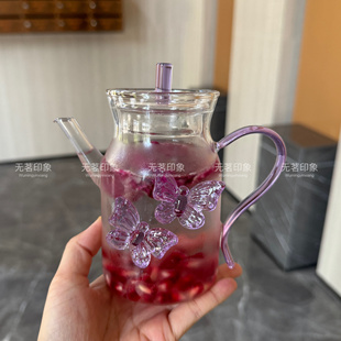 玻璃蝴蝶壶耐热高硼硅绿茶壶仿宋执壶花茶壶冷泡壶家用泡茶壶400c