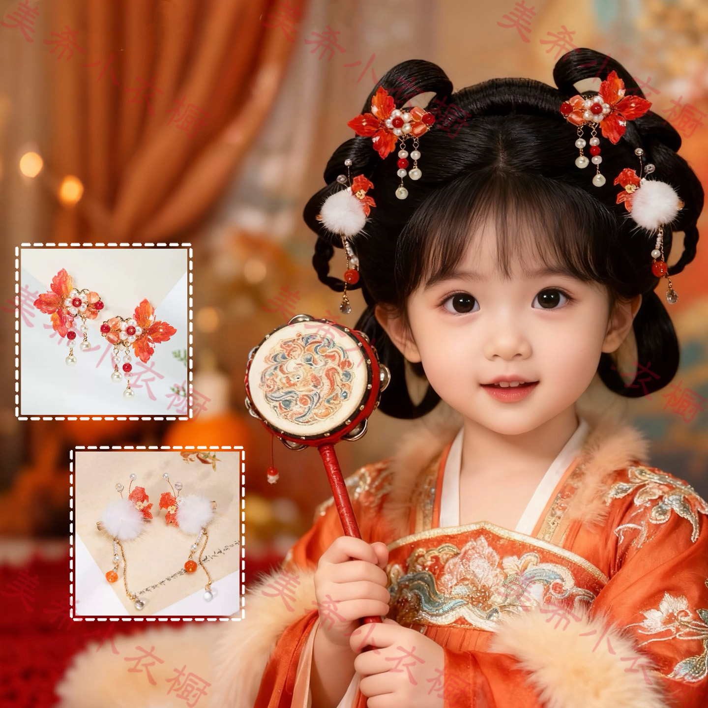 汉服发饰女童红色锦鲤毛球套装