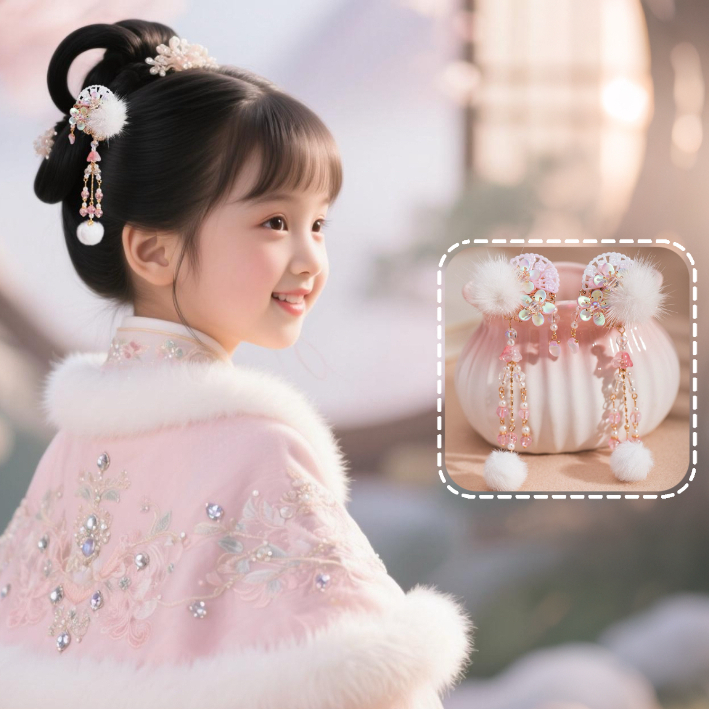 古风汉服流苏发夹冬季国风头饰水貂毛球发饰边夹女童复古古装配饰