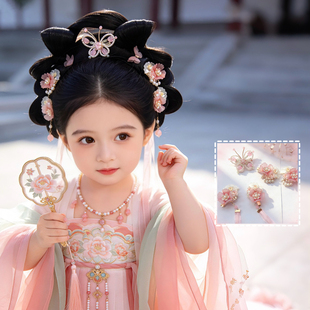 明制汉服发饰女童粉色花朵毛球可爱流苏发夹古装发饰中国风步摇