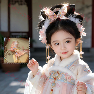 儿童汉服头饰古风发夹可爱蝴蝶流苏发饰女童古装新年公主头饰配饰