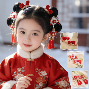 儿童新年发饰红色丝绒蝴蝶结发夹套装小女孩过年古风明制汉服头饰