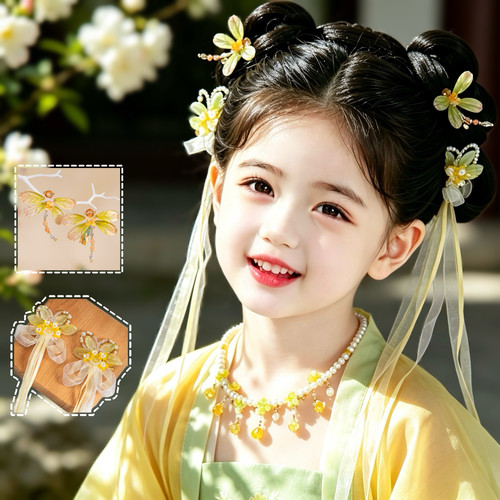 中秋汉服女童头饰超仙蜻蜓对夹兔耳朵飘带套装儿童古风拍照配饰