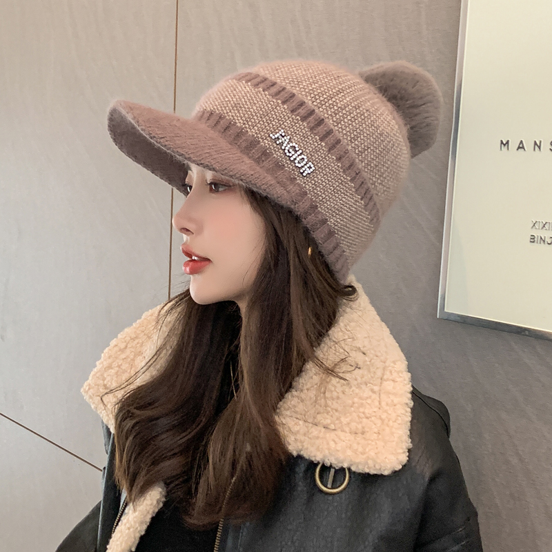 毛线帽子女冬季百搭潮流显脸小加绒加厚保暖鸭舌帽护耳兔毛针织帽
