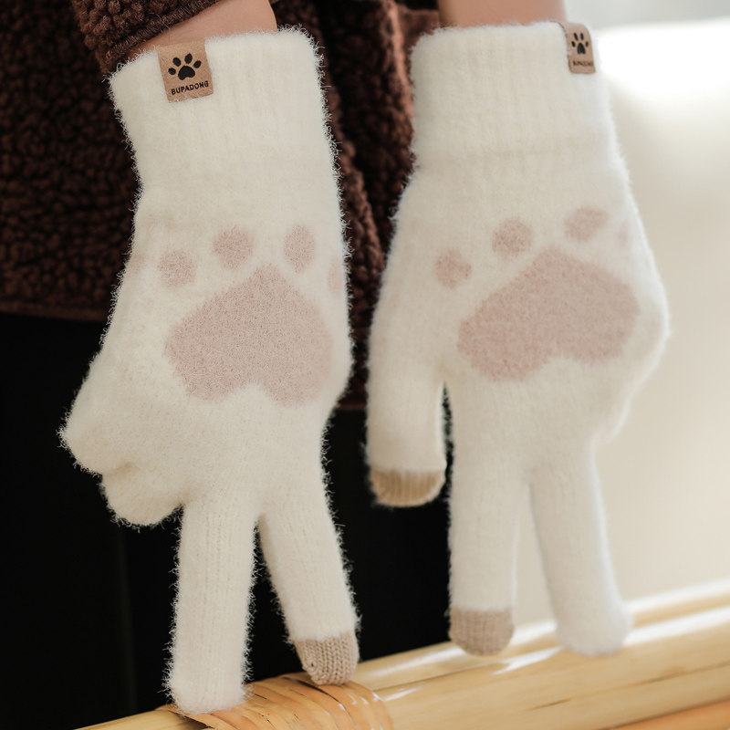 手套冬季女士可爱全指触屏毛线手套韩版加绒加厚骑车保暖防寒手套