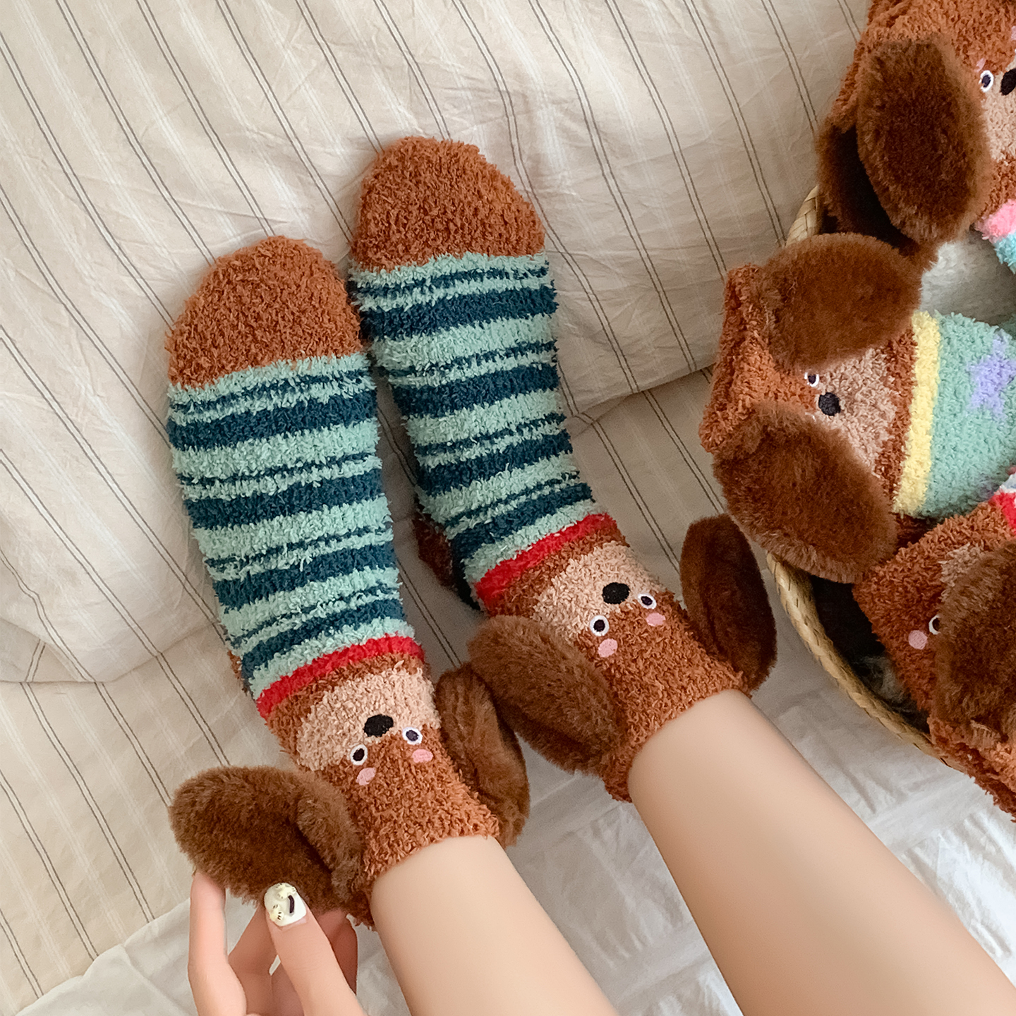 腊肠狗袜子女珊瑚绒中筒袜冬季ins潮日系卡通加厚居家睡眠地板袜