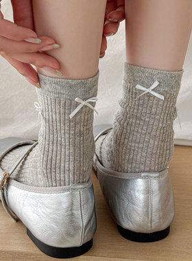 灰色蝴蝶结袜子女中筒春夏季薄款纯棉日系少女miu系芭蕾风长筒袜
