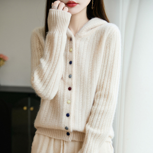 秋冬加厚100%纯羊毛开衫女连帽针织外套宽松毛衣上衣百搭衫外搭