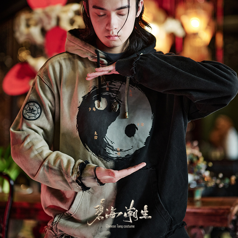 手工扎染碧海潮生刺绣卫衣连帽