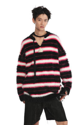 ［黄子弘凡同款］FIRE SPIKE火钉原创开领条纹粉黑长毛休闲毛衣