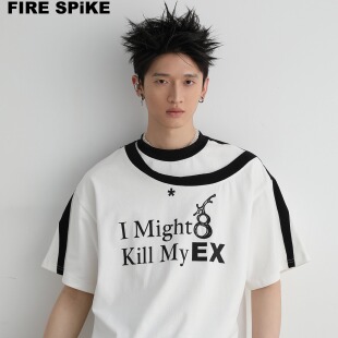 FIRESPIKE火钉“KILL MYEX“不规则双层假两件拼接黑白字母短袖