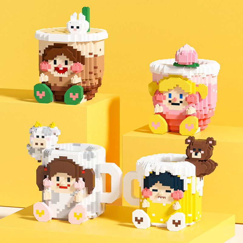 微小颗粒积木9088-9091桃之夭夭珍珠奶茶笔筒快乐贩卖杯玩具