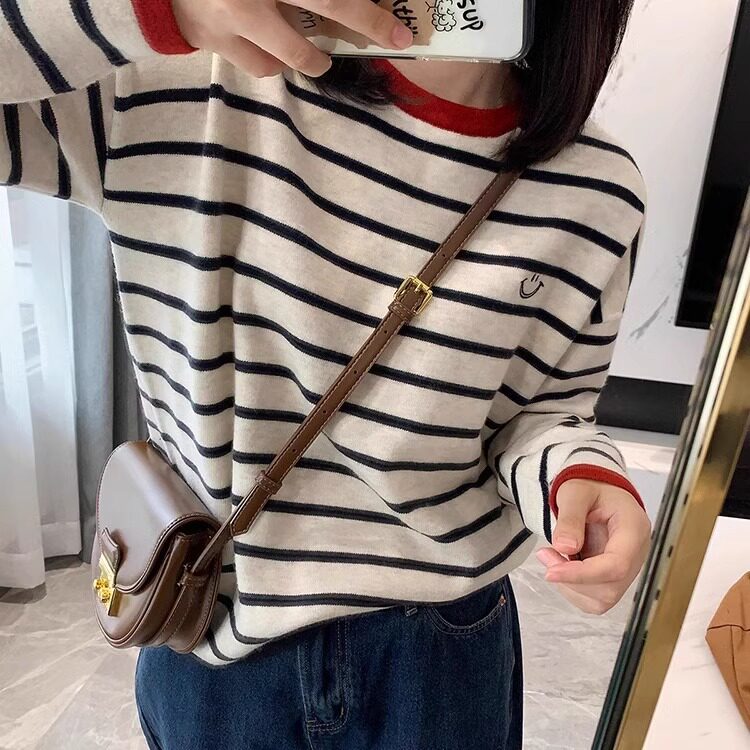 撞色条纹笑脸圆领套头针织打底衫女春秋季设计感宽松慵懒t恤上衣